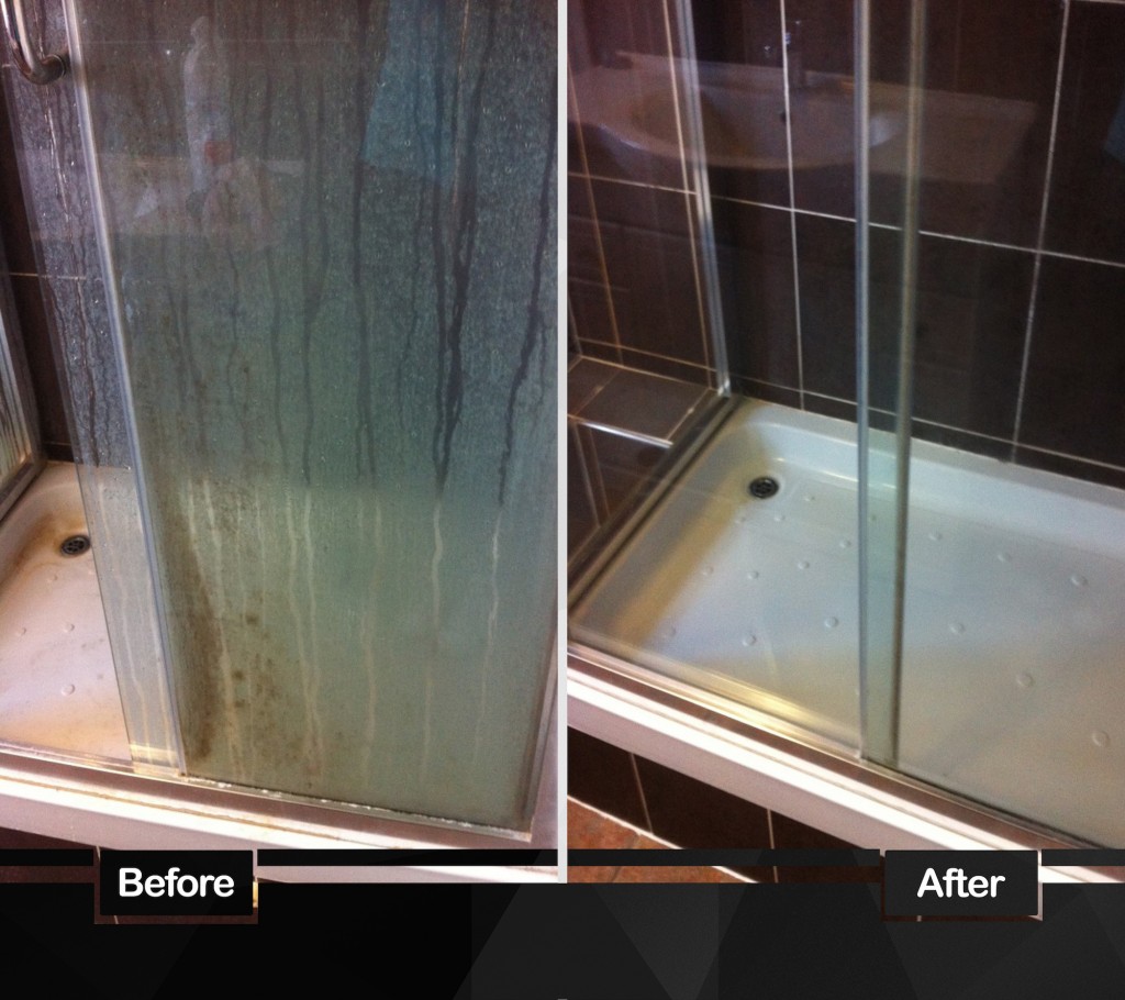 Before and after deep cleaning photos of a bathroom and shower